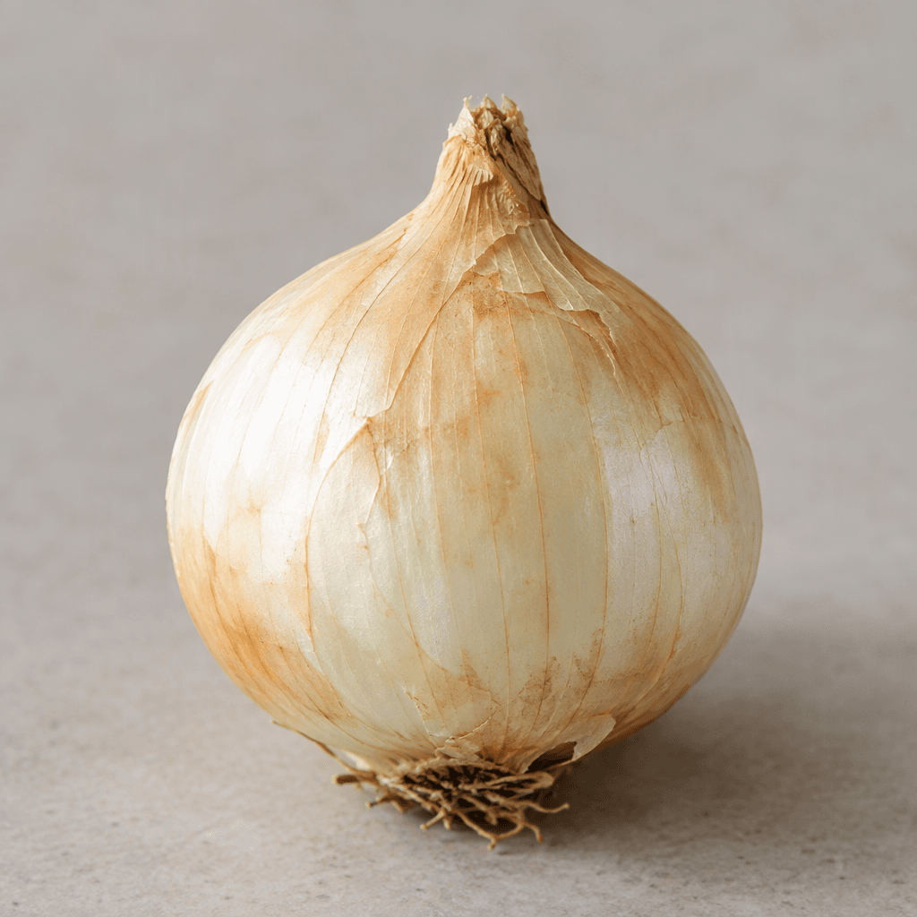 A small, round onion bulb with a thin papery outer skin in pale golden-white, a slightly pointed top, and a short dried root end.