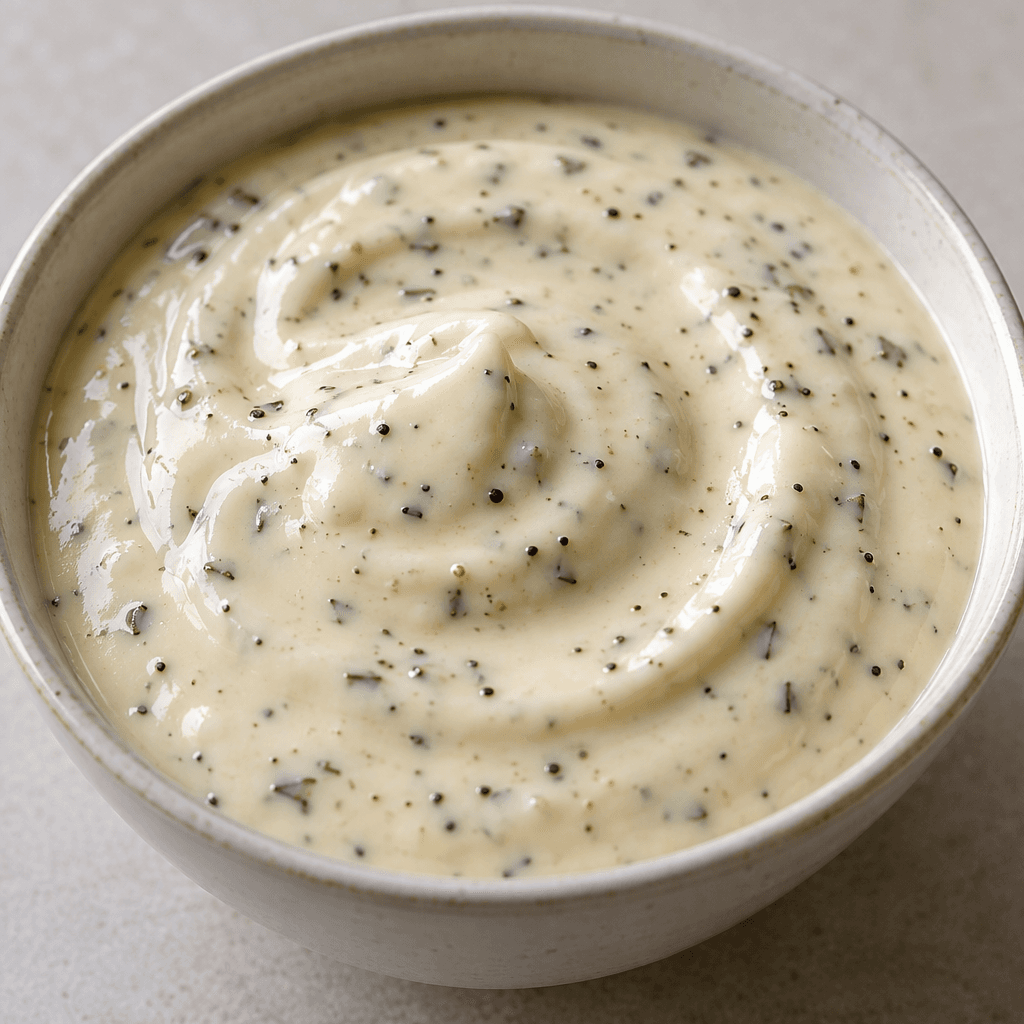 A thick, smooth, pale ivory dressing sits in a glossy pool, dotted with tiny dark herb and pepper flecks.