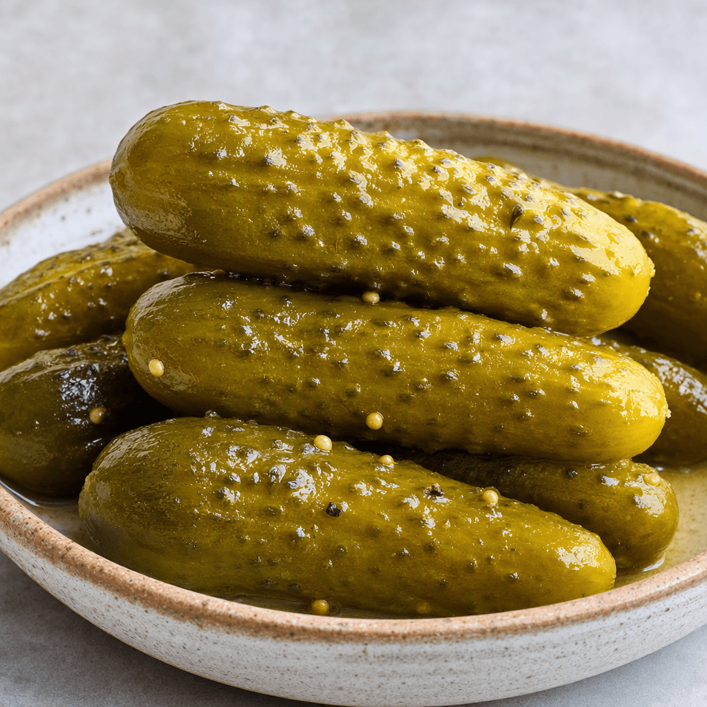 Several small whole pickled cucumbers sit in a shallow dish, their olive-green, ridged, bumpy skins glossy with brine and dotted with tiny spice seeds.