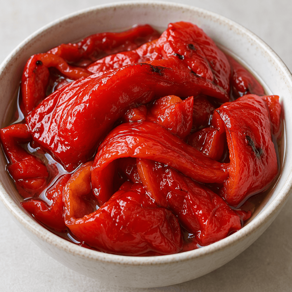 Glossy deep-red roasted pepper pieces with soft, slightly wrinkled surfaces and curved, irregular edges, resting in a little clear brine.
