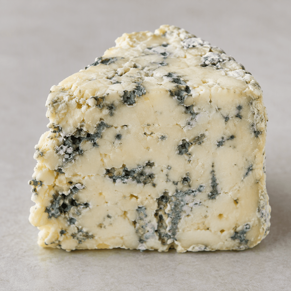 An uneven piece of pale cream-colored cheese with scattered blue-green and gray mold patches across its matte, slightly crumbly surface.
