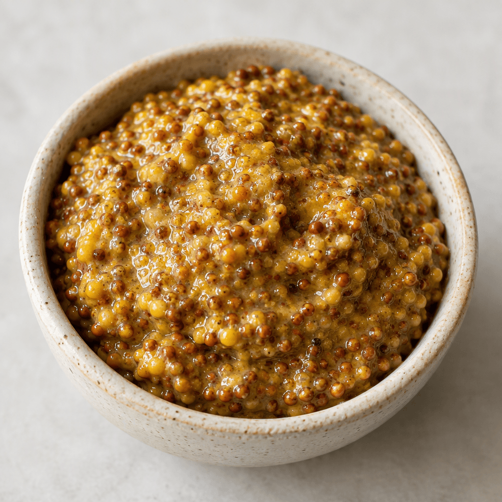 A thick, coarse golden-yellow mustard with numerous intact round seeds visible throughout its slightly glossy surface.