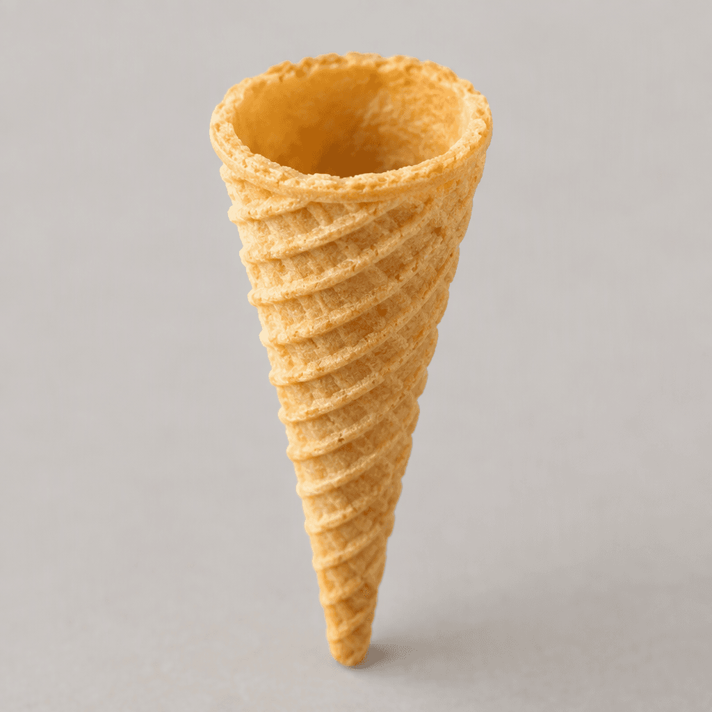 A small, hollow, cone-shaped wafer with a pale golden-brown colour, a crisp-looking ridged surface, and an open circular top.