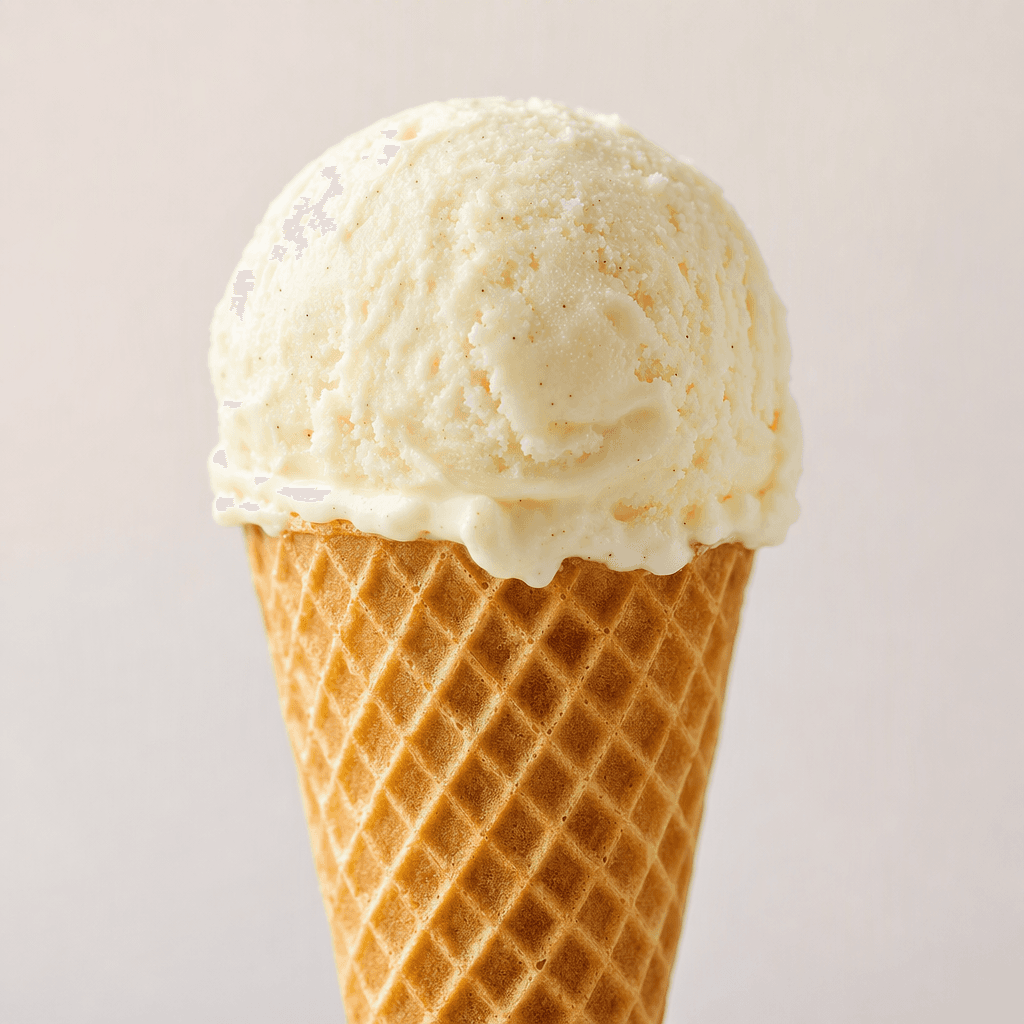 A rounded scoop of creamy ice cream sits atop a crisp, golden-brown cone with a fine waffle pattern.