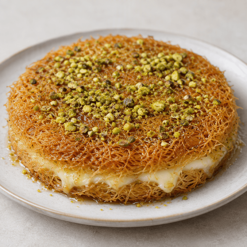 A round, shallow pastry of fine golden-brown shredded strands sits on a plate, with pale melted cheese visible between the layers, a glossy syrup sheen, and finely chopped green pistachios scattered over the top.