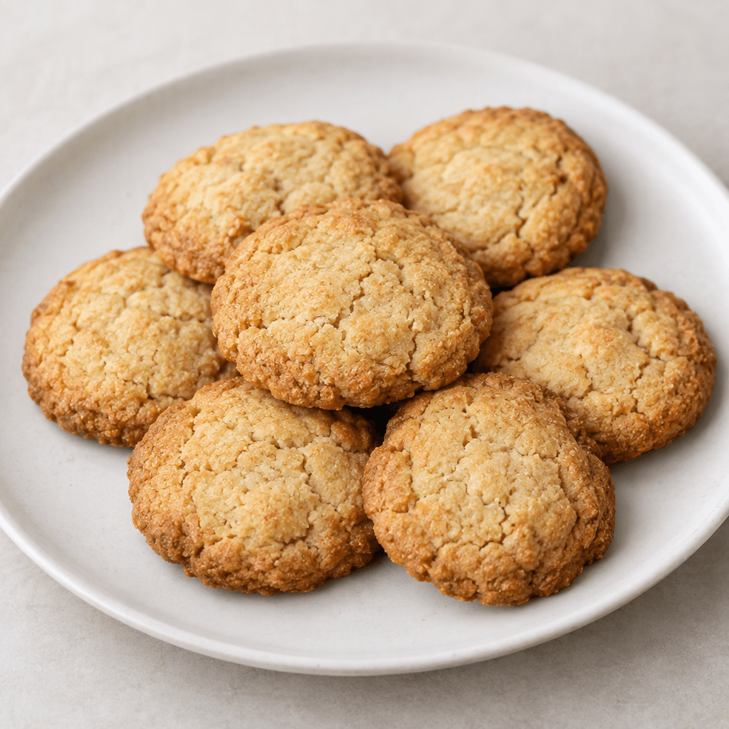 Several small, round golden-brown cookies with slightly uneven edges, lightly cracked surfaces, and a crisp-looking texture are arranged on a plain plate.