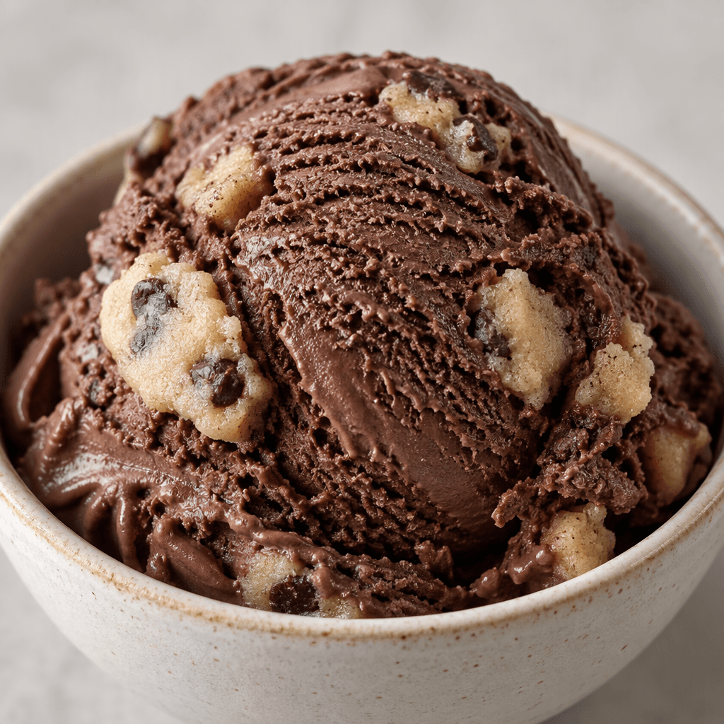 A rounded scoop of dark brown chocolate ice cream with a creamy, slightly ridged surface and scattered pale tan cookie dough chunks, served in a small bowl.