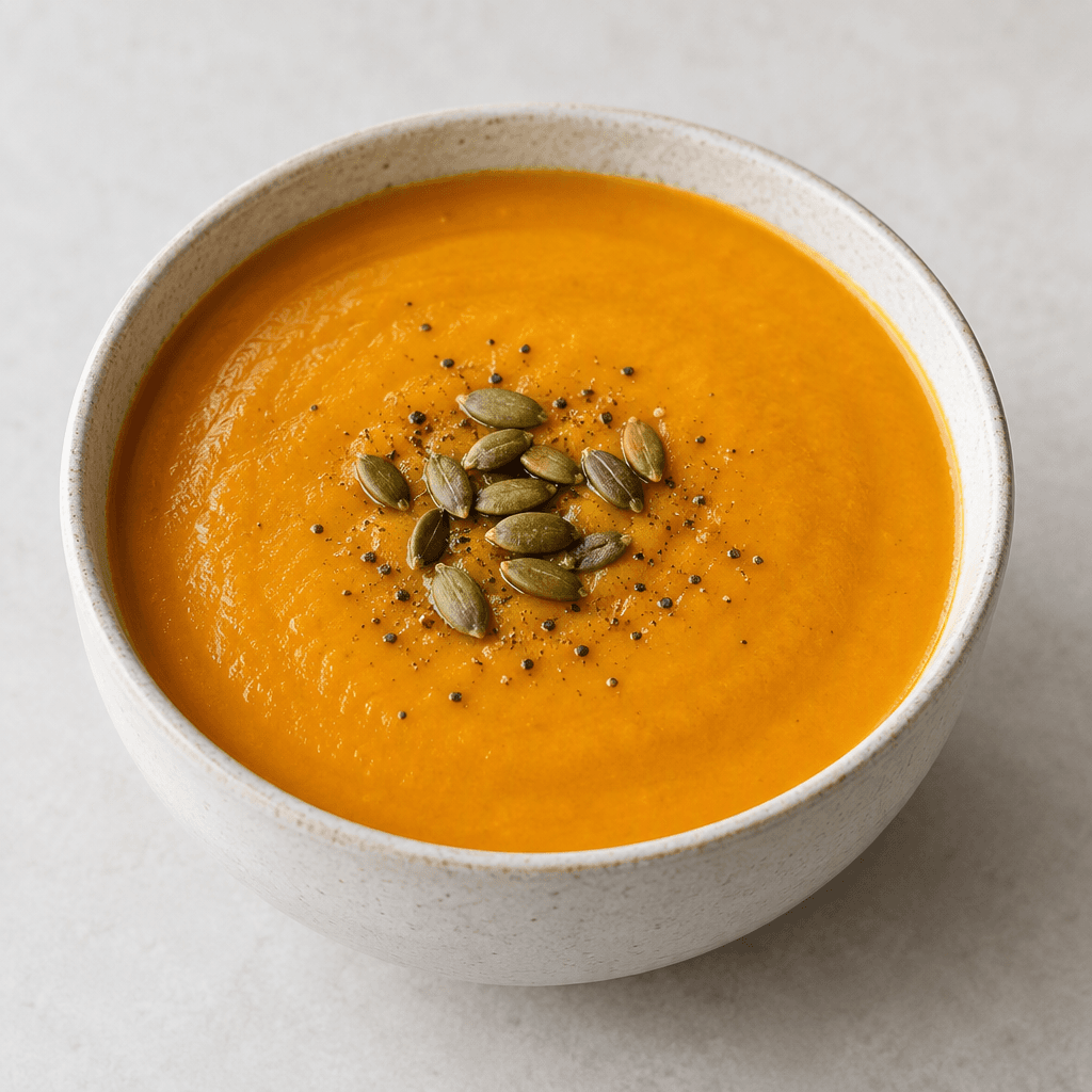 A smooth, thick orange pumpkin soup fills a bowl, with an even, velvety surface.