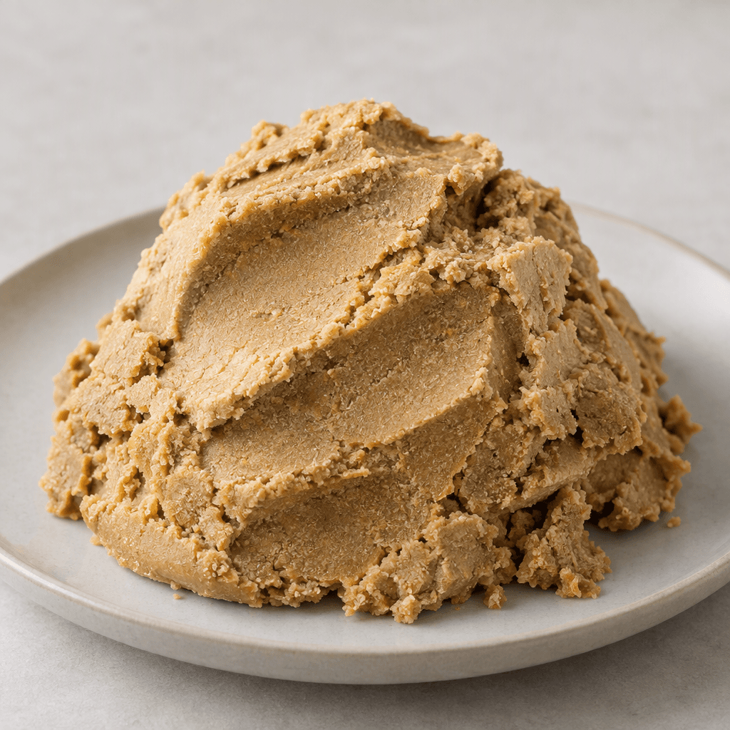 A compact, uneven mound of golden-brown halva sits on a plate, with a matte, slightly crumbly surface marked by broad scoop-like ridges.