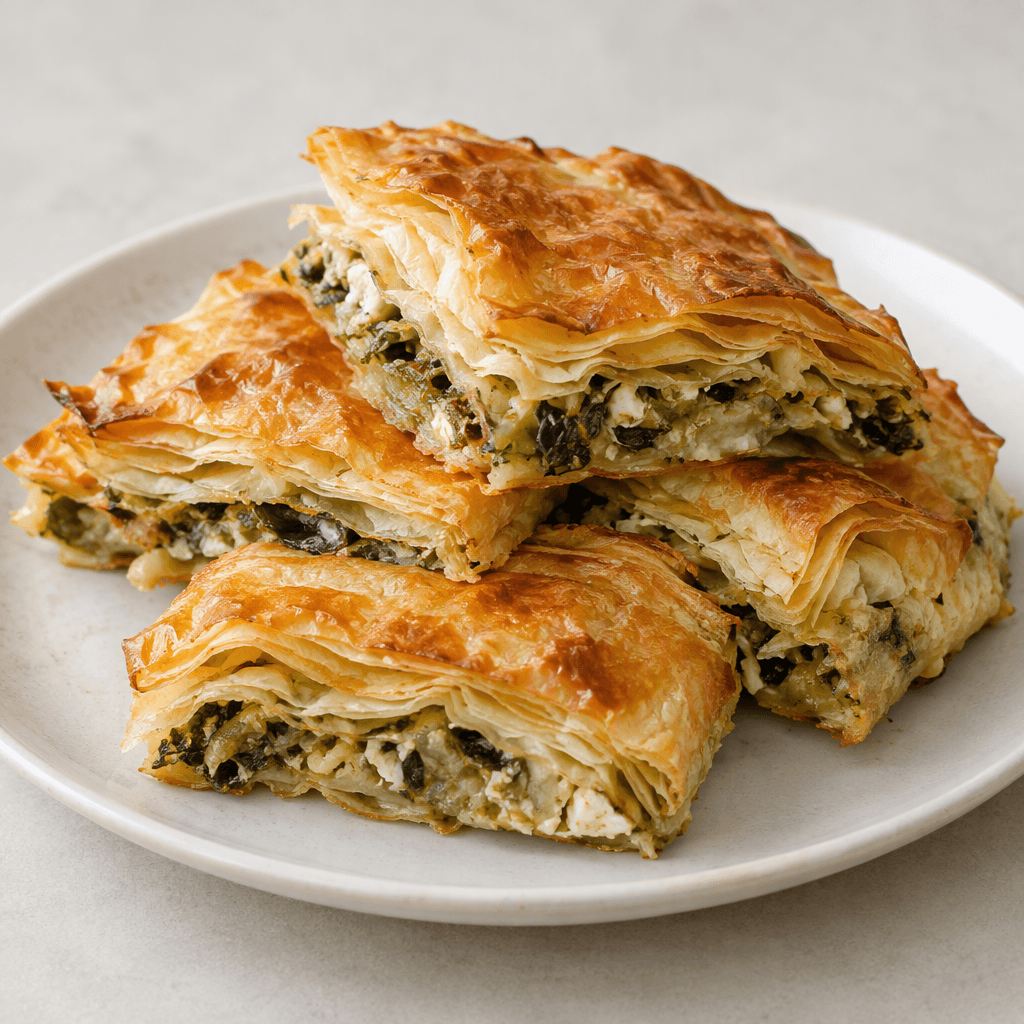 İnce ve kat kat hamurdan oluşan, kenarları kızarmış ve gevrek, katlarının arasında iç harcı görünen börek parçaları servis tabağına dizilmiştir.