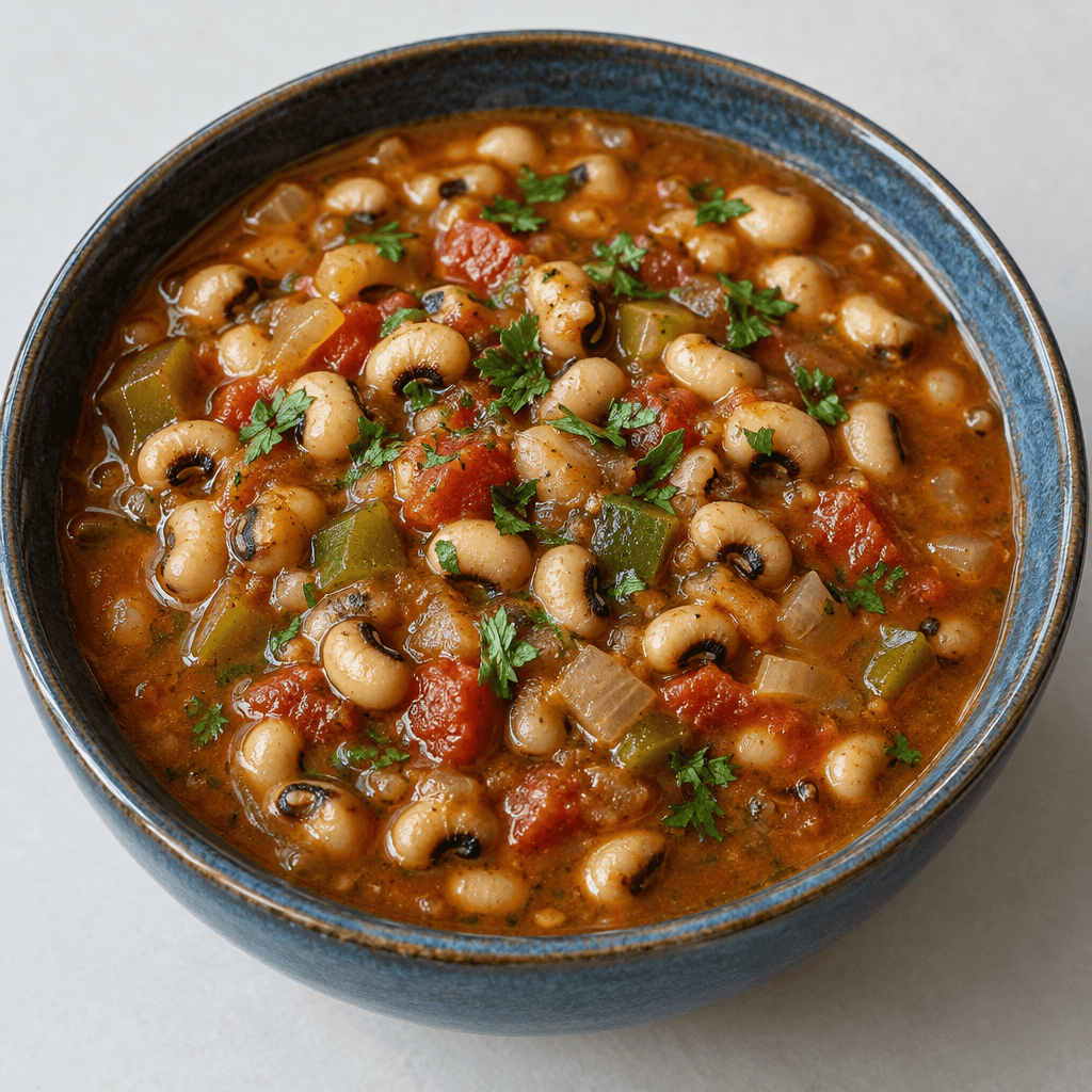 A thick, rustic stew of cream-colored black-eyed peas in a reddish-brown broth, with visible pieces of tomato, onion, and green pepper, served in a deep bowl with a glossy surface and a few fresh green herbs scattered on top.
