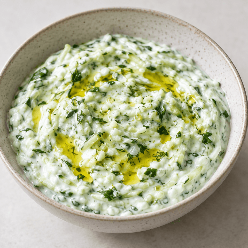 A thick, spoonable mixture of white strained yogurt and finely grated pale-green cucumber, flecked with chopped green herbs and garlic, served in a shallow bowl with a light drizzle of golden olive oil on top.