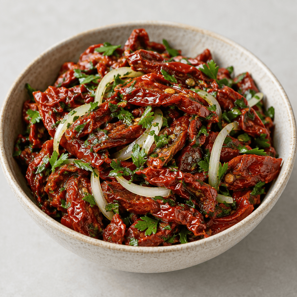 A shallow bowl holds glossy deep-red strips of sun-dried tomato mixed with finely chopped green parsley and thin pale onion slices, with a light sheen of oil coating the irregular, slightly wrinkled pieces.