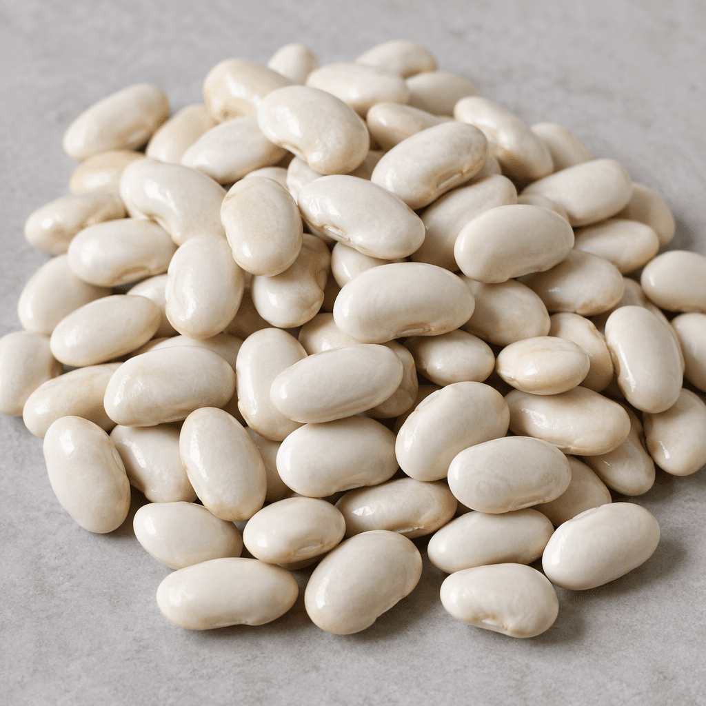 Pale ivory-white dried beans with smooth, slightly glossy skins, plump oval shapes, and a small curved indentation are scattered in a loose pile on a neutral surface.