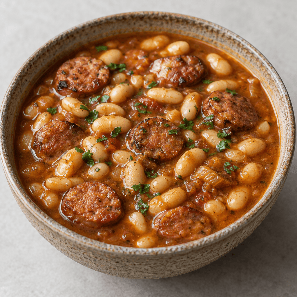A rustic bowl holds plump white beans in a thick reddish-brown broth, with round browned sausage slices and a few flecks of green herbs visible on the surface.