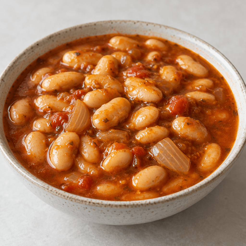 A shallow bowl holds plump white beans in a glossy reddish-brown tomato broth, with a few translucent onion pieces visible, and the stew is served hot with a thick, slightly oily surface.