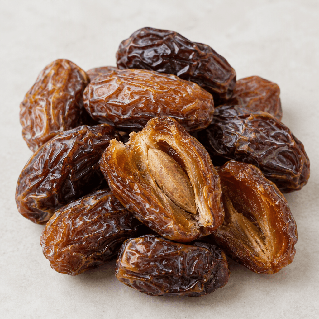 Dried dates are small, oblong fruits with deeply wrinkled, slightly glossy skins ranging from amber-brown to dark brown, sometimes split open to reveal dense, sticky golden-brown flesh and a long smooth pit.