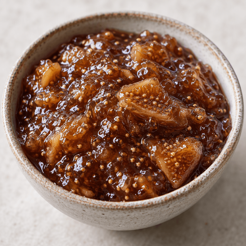 Thick, glossy amber-brown fig jam sits in a small bowl, with soft pieces of dried fig and tiny pale seeds visible throughout.
