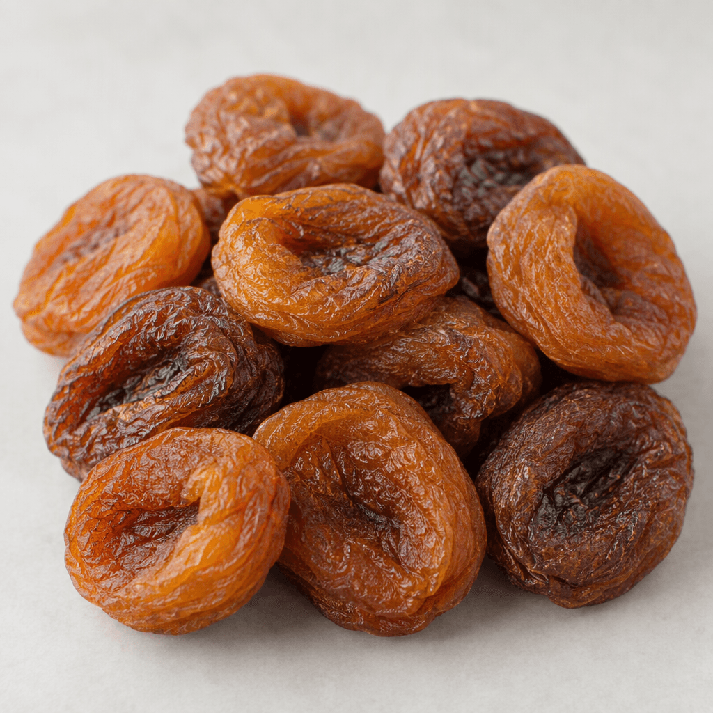 Plump, oval dried apricots with wrinkled, slightly leathery surfaces range from deep amber to brown, with a darker hollow where each fruit was pitted, arranged loosely on a plain surface.