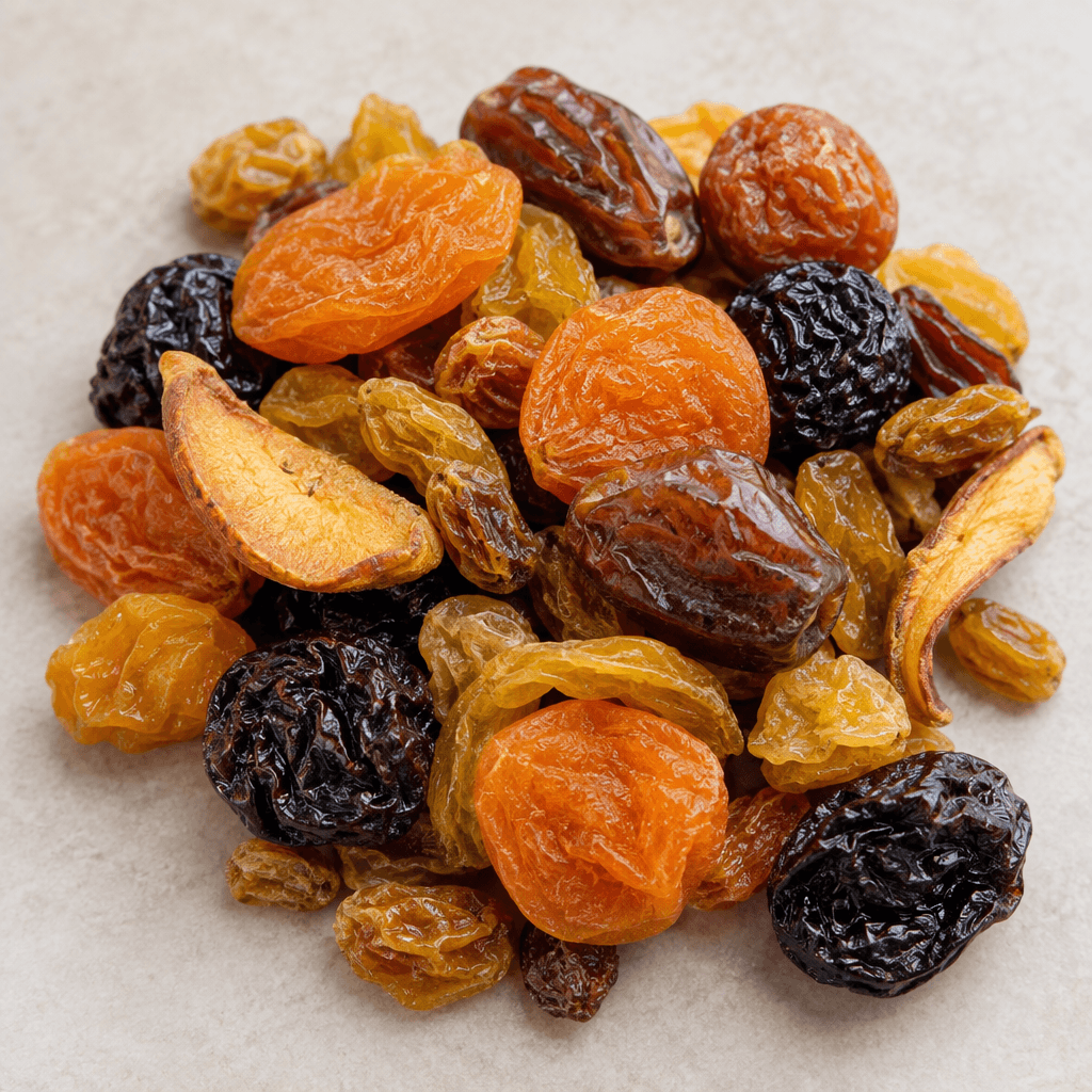 An assortment of wrinkled, chewy-looking dried fruits in amber, golden yellow, deep brown, and dark purple, including irregular slices, halves, and small whole pieces, loosely scattered on a plain serving surface.