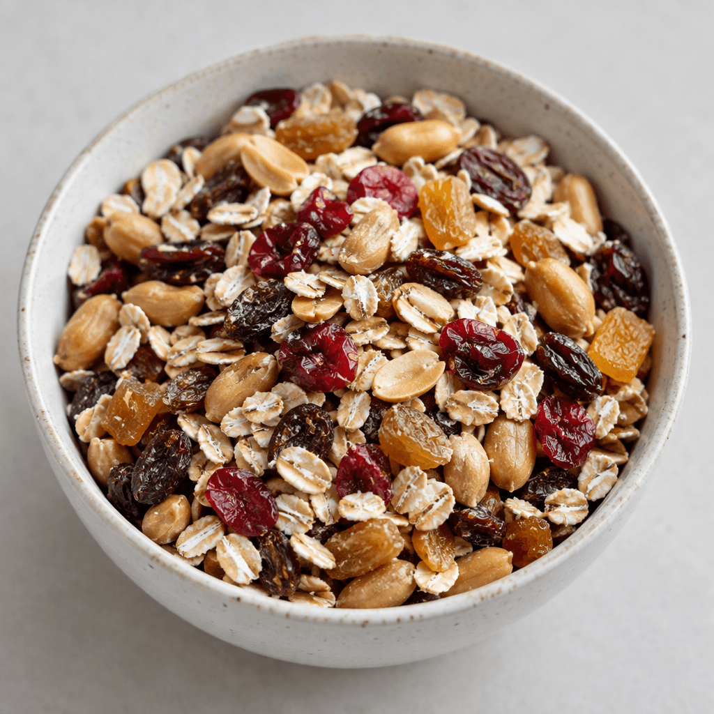 A loose mixture of pale rolled oats, golden-brown peanuts, and small chewy-looking pieces of dried fruit in red, amber, and dark brown, served in a bowl.