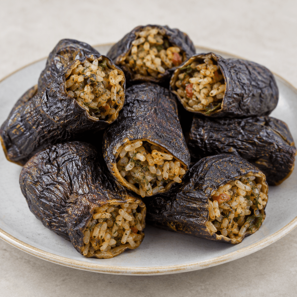Several short, wrinkled dark-purple dried eggplant shells are filled with visible rice and herbs, standing or lying closely together on a serving plate with their open ends showing the textured stuffing.