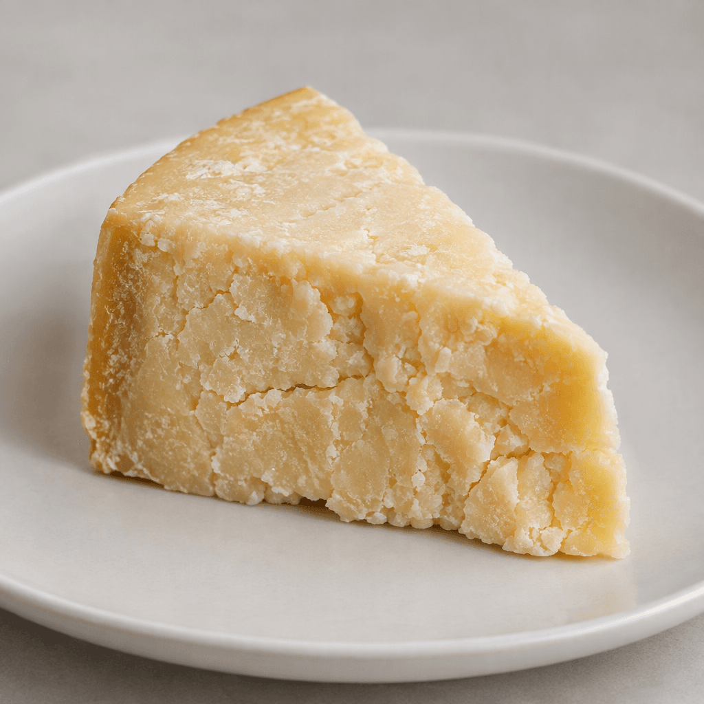 A compact, firm piece of dry cheese with a pale ivory to light yellow surface, a slightly cracked crumbly texture, and uneven wedge-shaped edges, served on a plain plate.