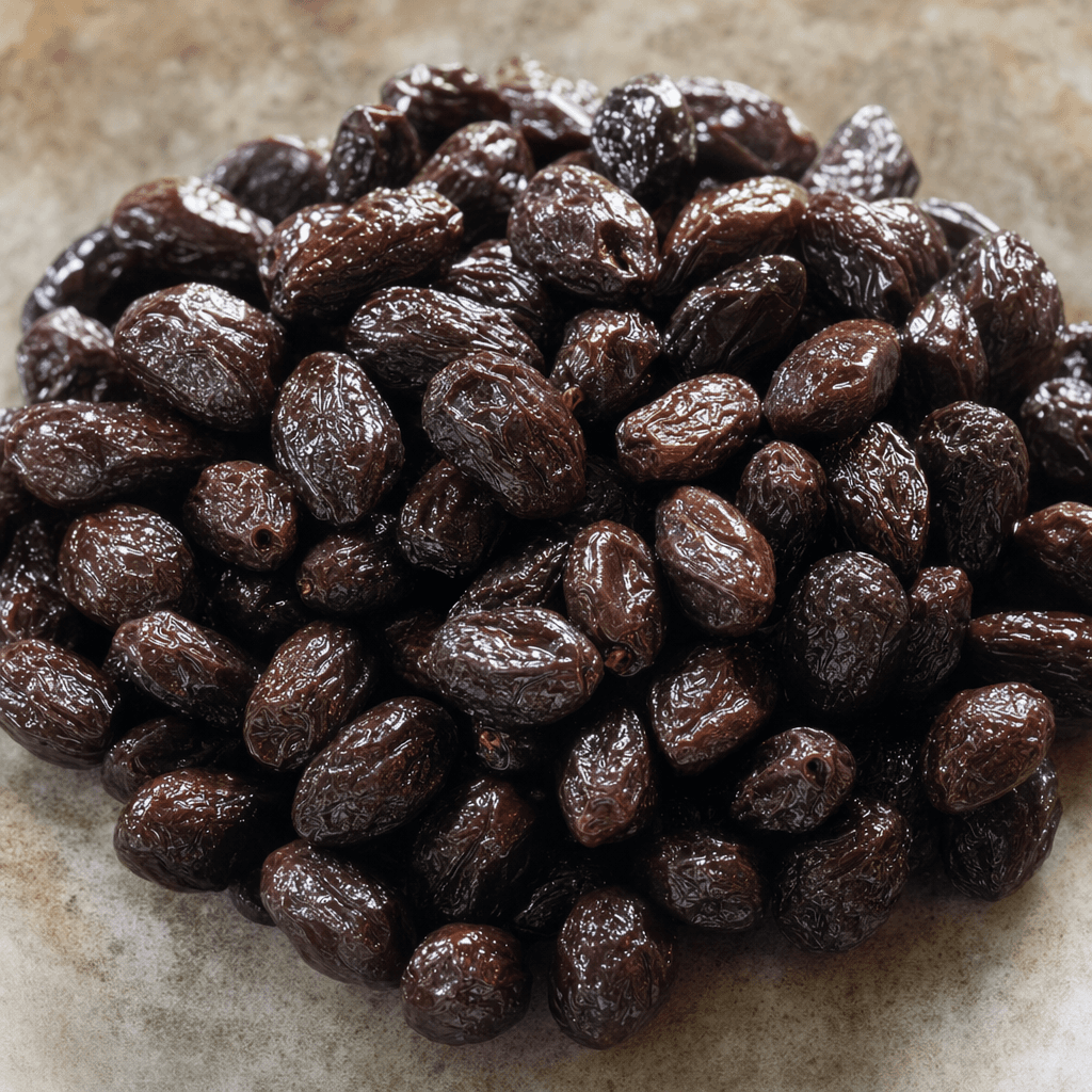 Small, oval dried olives with deeply wrinkled, slightly glossy skins ranging from dark brown to nearly black.