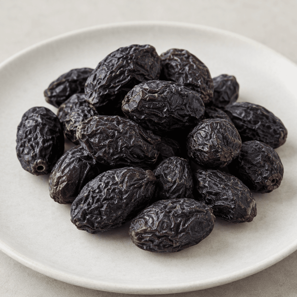 A small pile of dark purple-black, oval olives with deeply wrinkled, shriveled skins and a dry, matte surface, served loosely on a plain plate.