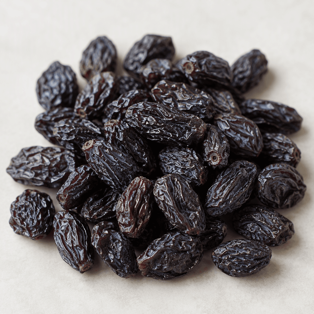 Small oval dried grapes with deep purplish-black, wrinkled skins and slightly glossy ridges, shown loosely scattered in a small pile.