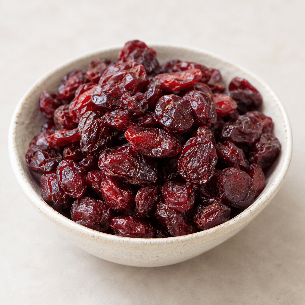 Small, wrinkled, oval pieces of deep red to burgundy dried fruit, with slightly translucent edges and a soft, chewy-looking texture, scattered loosely or piled in a small serving dish.