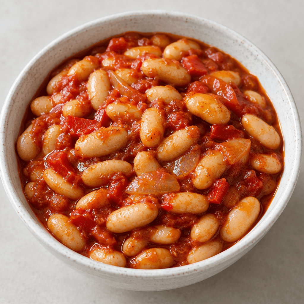 White beans sit in a shallow bowl, coated in a thick brick-red tomato and pepper sauce with a light sheen of oil, while a few translucent onion pieces are visible among the beans.