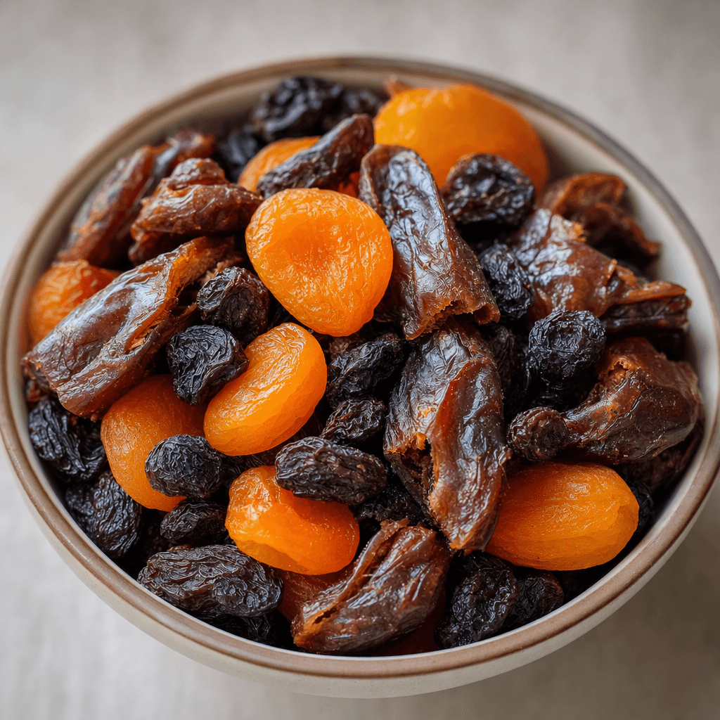 A colorful assortment of dried fruit pieces, including wrinkled dark raisins, amber-orange apricot slices, and dark, leathery date pieces, sits in a small bowl.