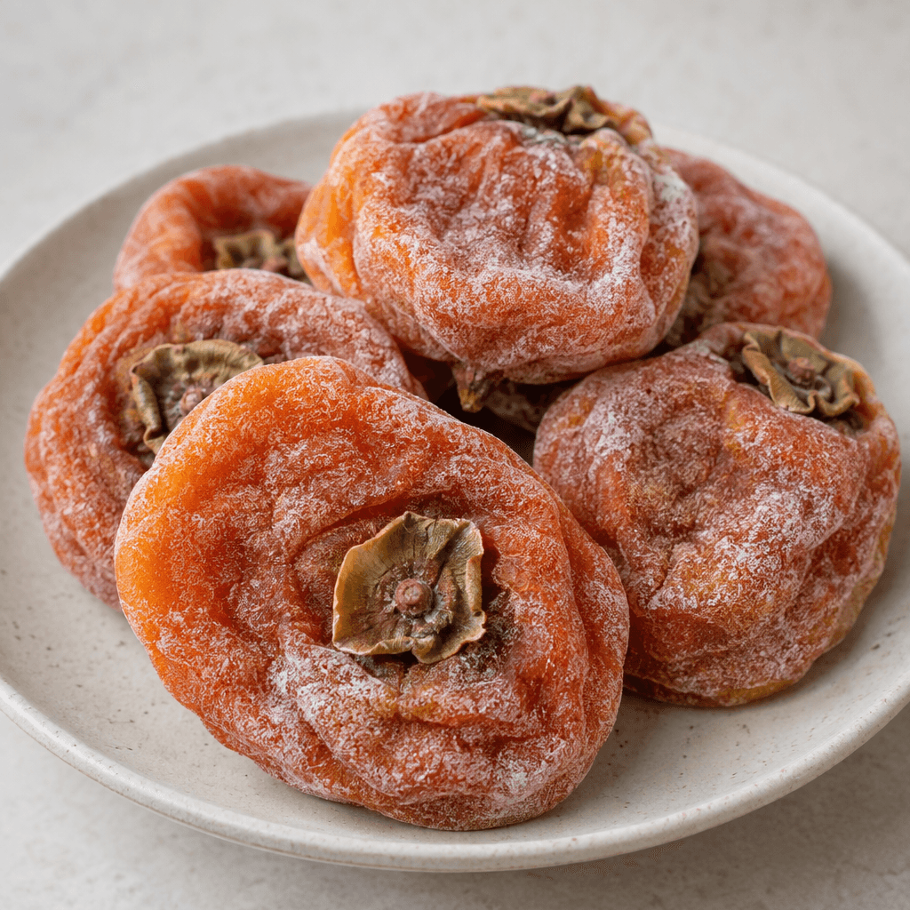 Several whole dried persimmons with flattened, slightly wrinkled orange-red bodies, a soft leathery surface, and pale powdery sugar bloom, arranged on a simple plate with a few green-brown leafy caps visible.