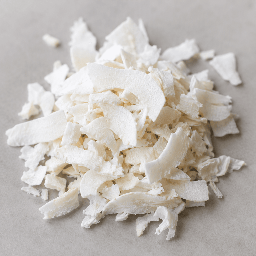 Small, irregular white coconut flakes with a dry, fibrous texture, scattered loosely on a plain surface.