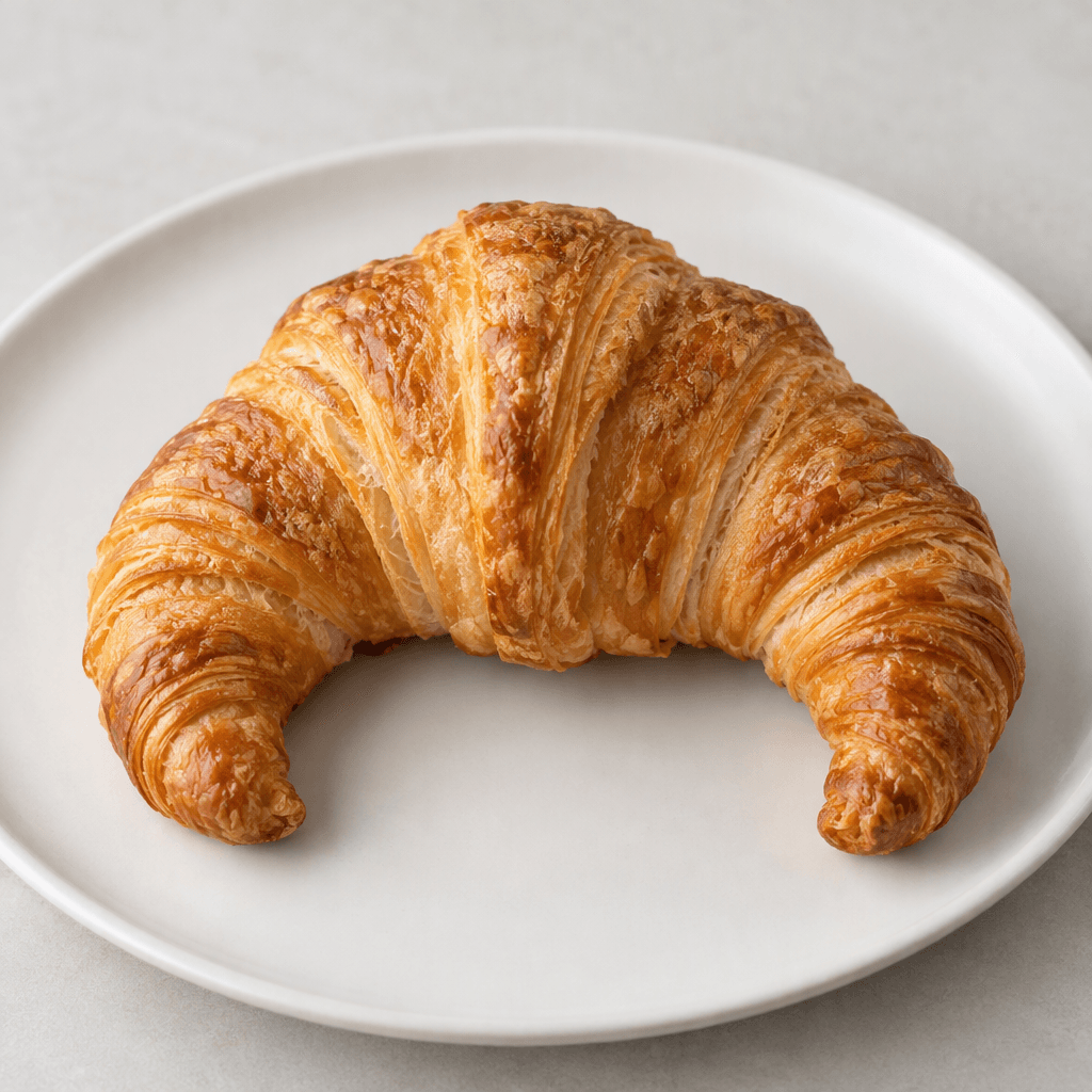 A golden-brown crescent-shaped pastry with distinct overlapping flaky layers, gently curved tapered ends, and a crisp, craggy surface, served whole on a plain plate.