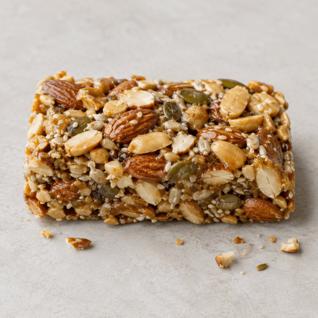 A compact rectangular nut bar with a rough, uneven surface, densely packed whole and chopped almonds, peanuts, and seeds held together by a glossy amber binder, with a few crumbs scattered beside it.