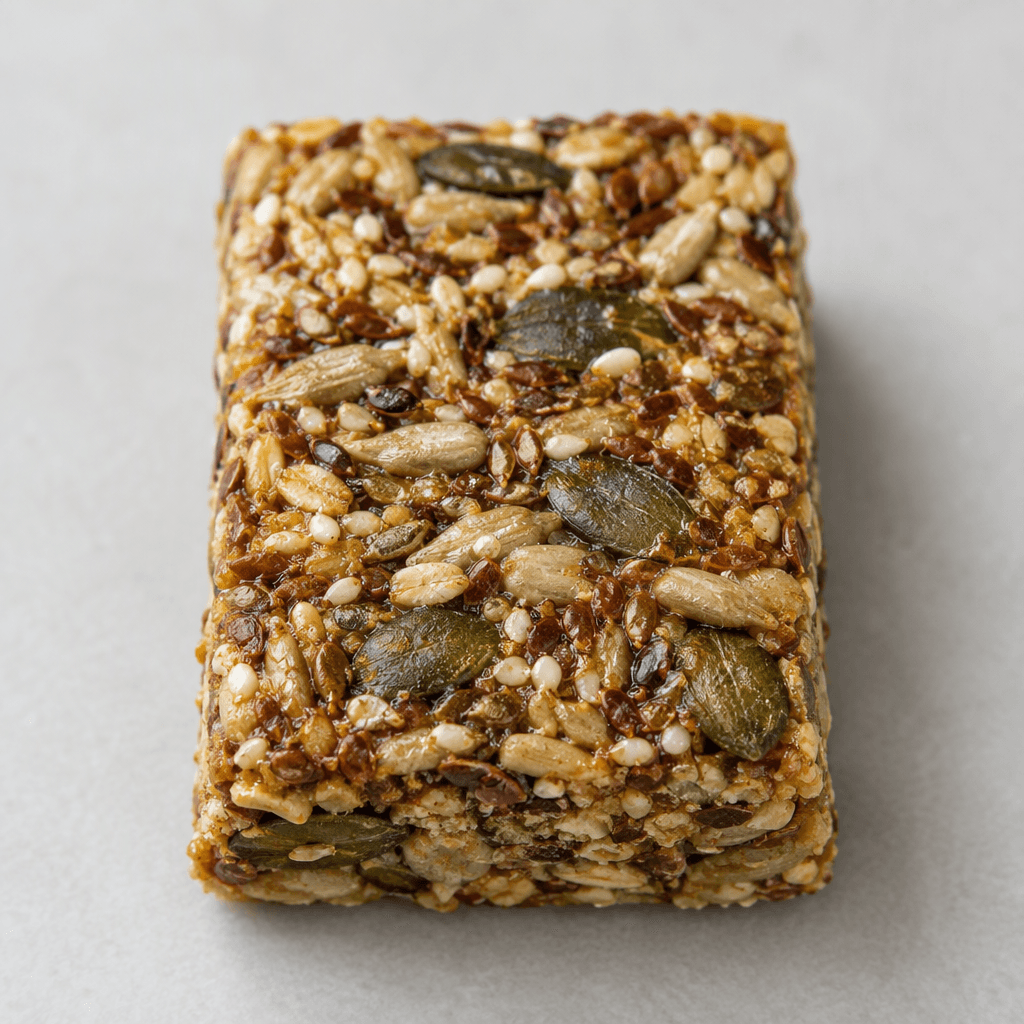 A compact rectangular seed bar with a golden-brown, slightly glossy surface, visibly studded with pumpkin seeds, sunflower seeds, sesame seeds, and flaxseeds, with an uneven, densely packed texture and cleanly cut edges.