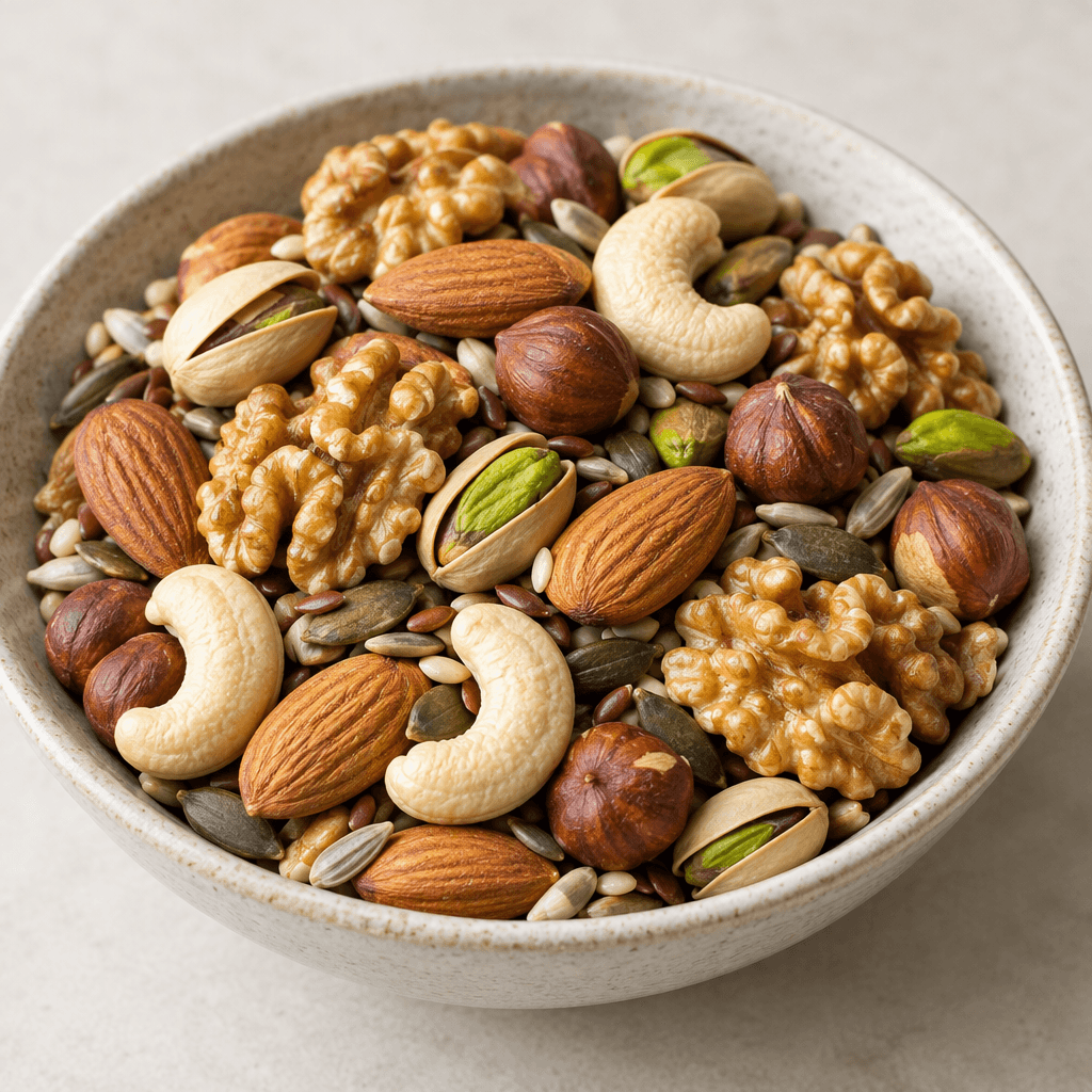 A small mound of assorted whole and split nuts and seeds, including beige almonds, ridged brown walnuts, curved pale cashews, glossy brown hazelnuts, elongated pistachios with green interiors, and scattered seeds, served in a shallow bowl with varied hard, crinkled, and smooth textures.