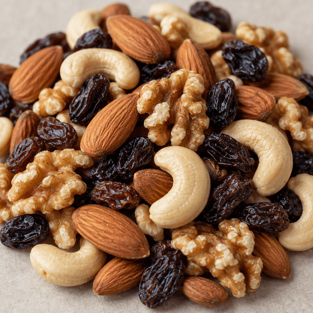A loose pile of mixed nuts and dried fruit, with pale curved cashews, brown almonds, crinkled walnut pieces, and wrinkled dark raisins in varied shapes and textures.