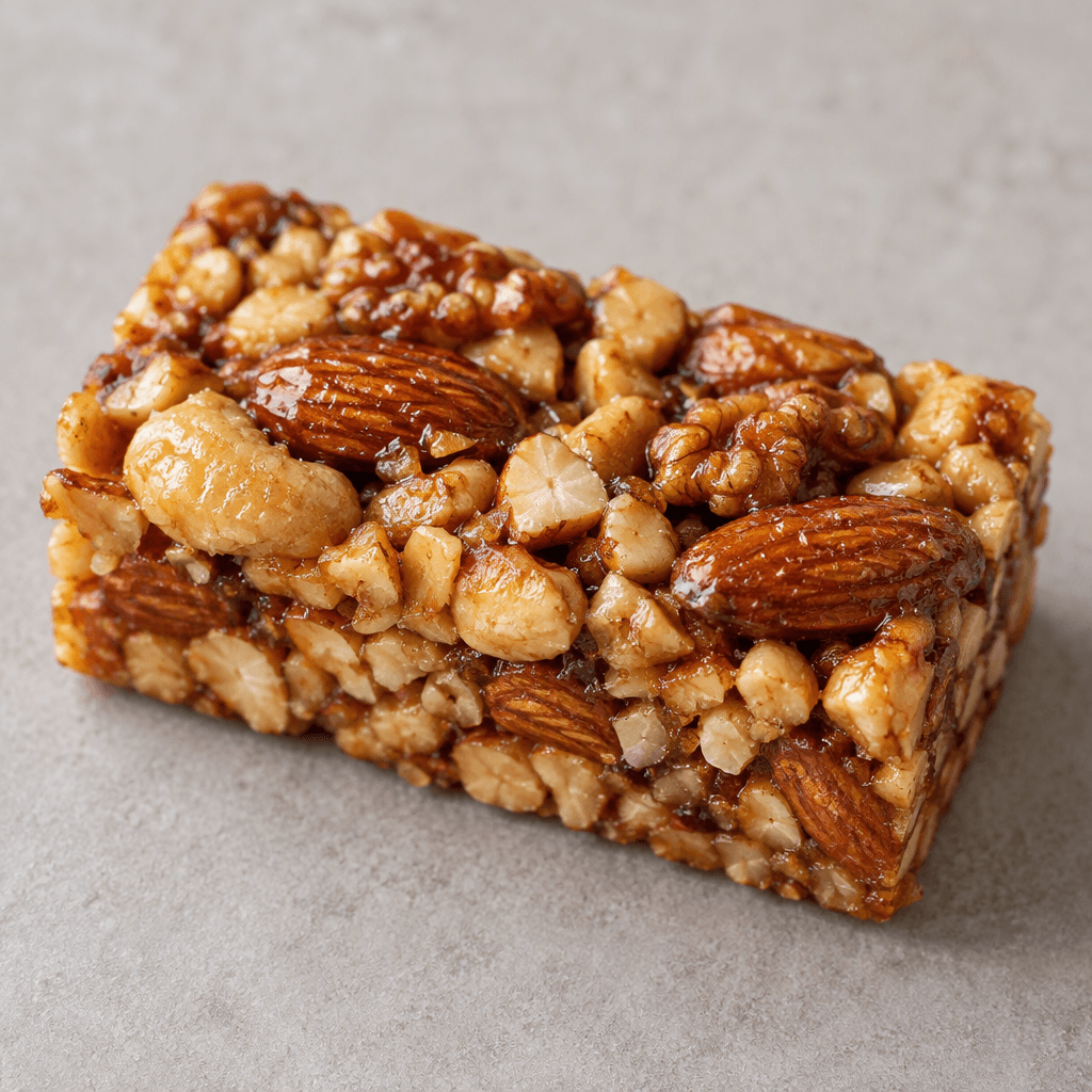 A compact, rectangular golden-brown bar with whole and broken nuts pressed closely together in a slightly glossy, uneven surface.