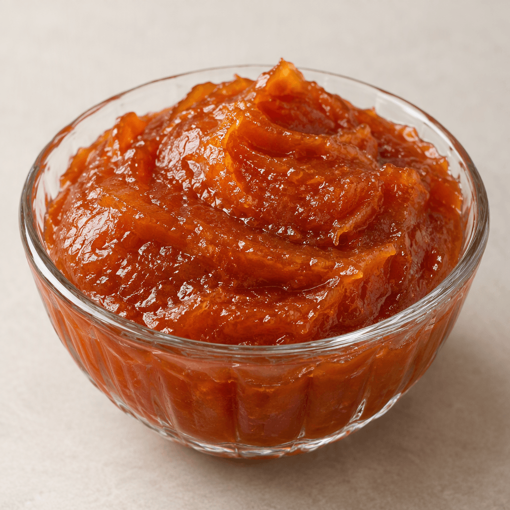A glossy, thick deep orange-red preserve with a smooth, slightly fibrous texture, heaped in a small glass dish with soft ridges left by a spoon.