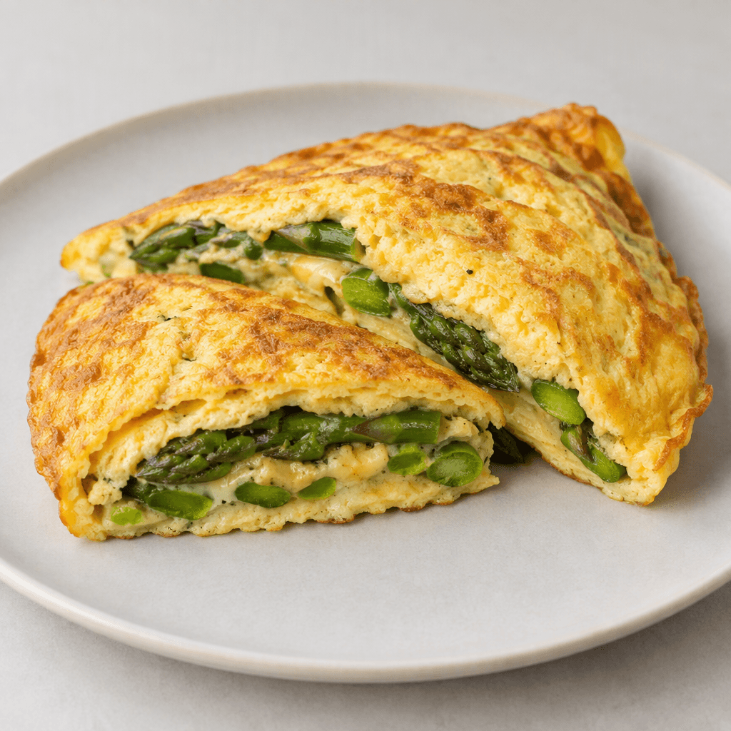 A thick, folded omelette with a pale golden-yellow surface and lightly browned edges, visibly filled with bright green asparagus spears and cut into neat portions on a plate.