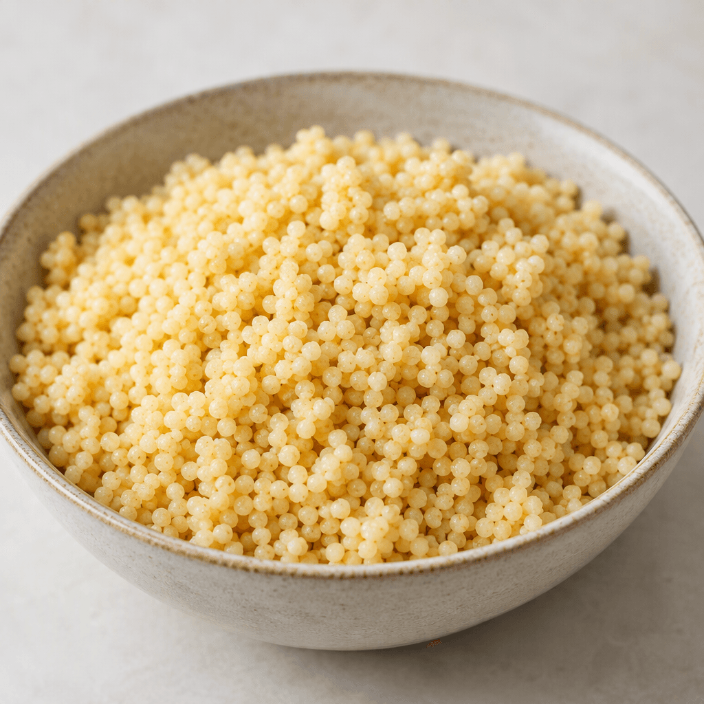 A shallow bowl is filled with fluffy, separate tiny round couscous grains in pale golden-beige tones, with a lightly textured surface and a gently mounded form.