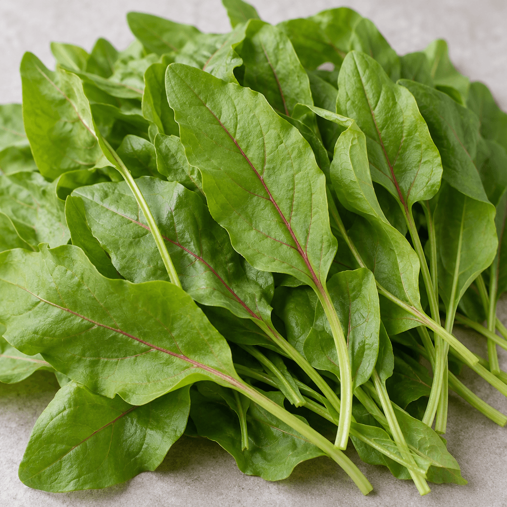 Fresh sorrel leaves with smooth, bright green surfaces, pointed oval shapes and slender stems, loosely piled together with a few reddish veins visible.