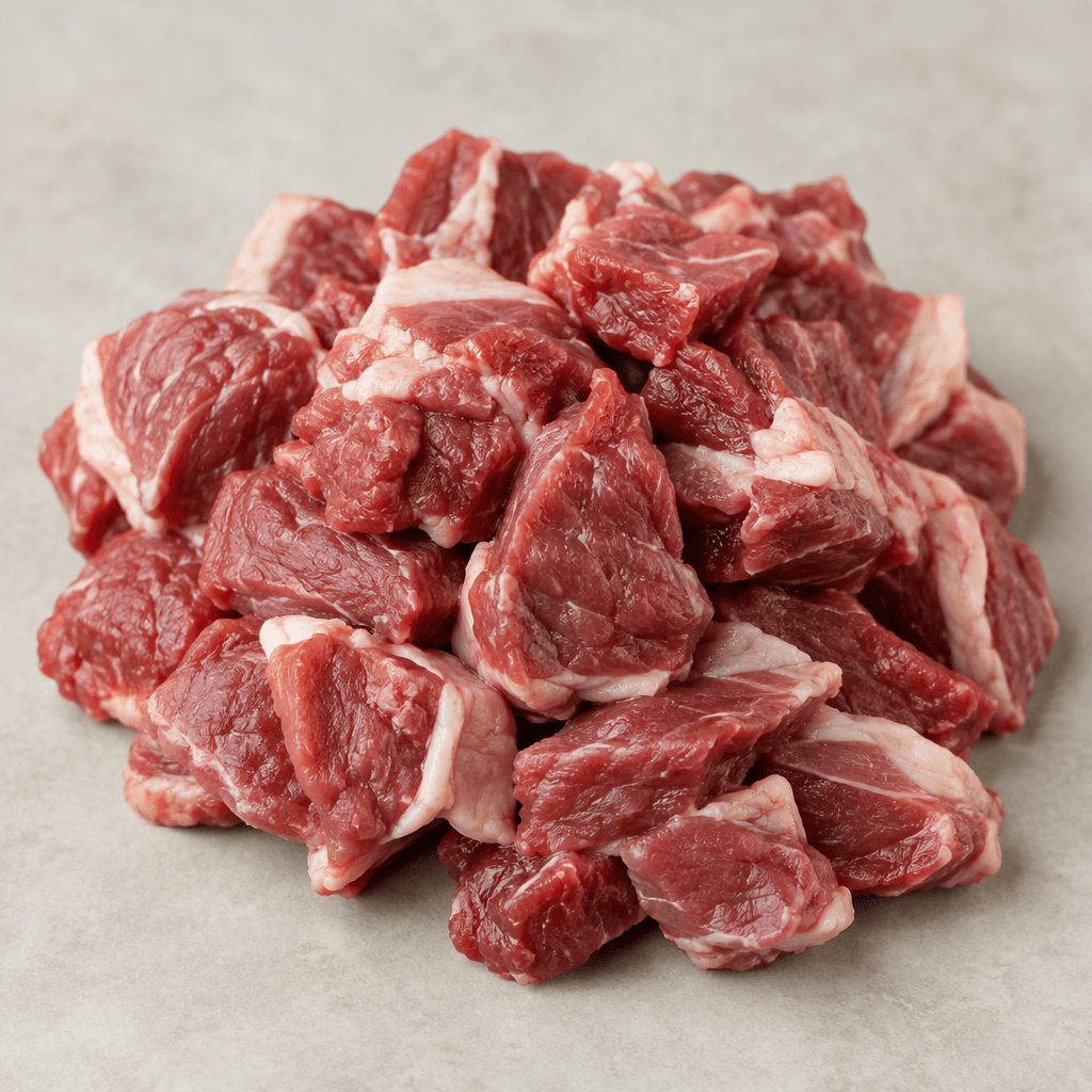Lamb appears as small, irregular cuts of moist pinkish-red meat threaded with thin streaks and edges of creamy white fat.