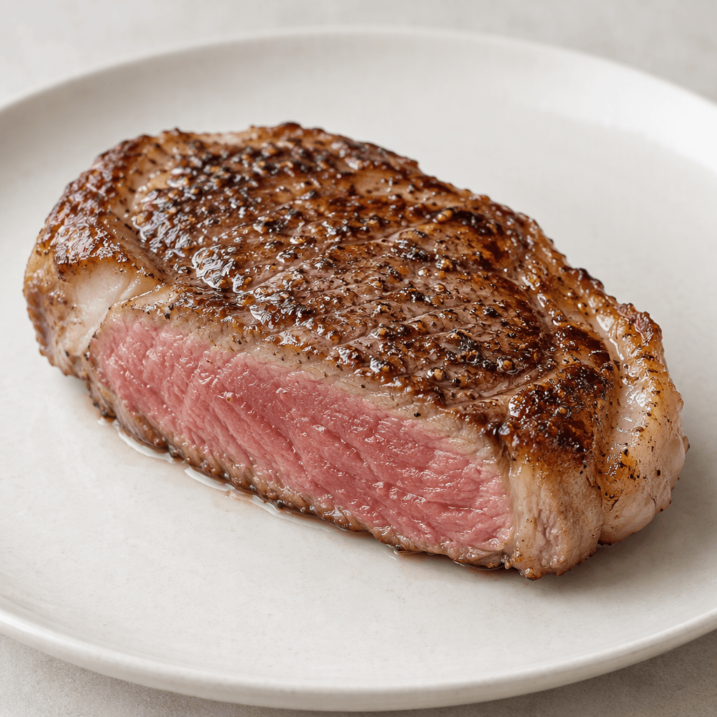 A thick, oval lamb steak with a browned seared surface, a tender pink center, and a narrow rim of creamy white fat, served on a plain plate.