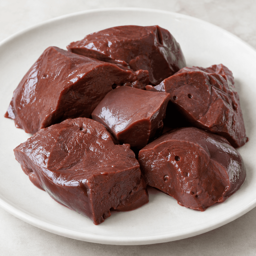 Several thick, irregular pieces of lamb liver with a deep reddish-brown colour, smooth slightly glossy surfaces, and dense, tender-looking flesh are arranged on a plain plate.