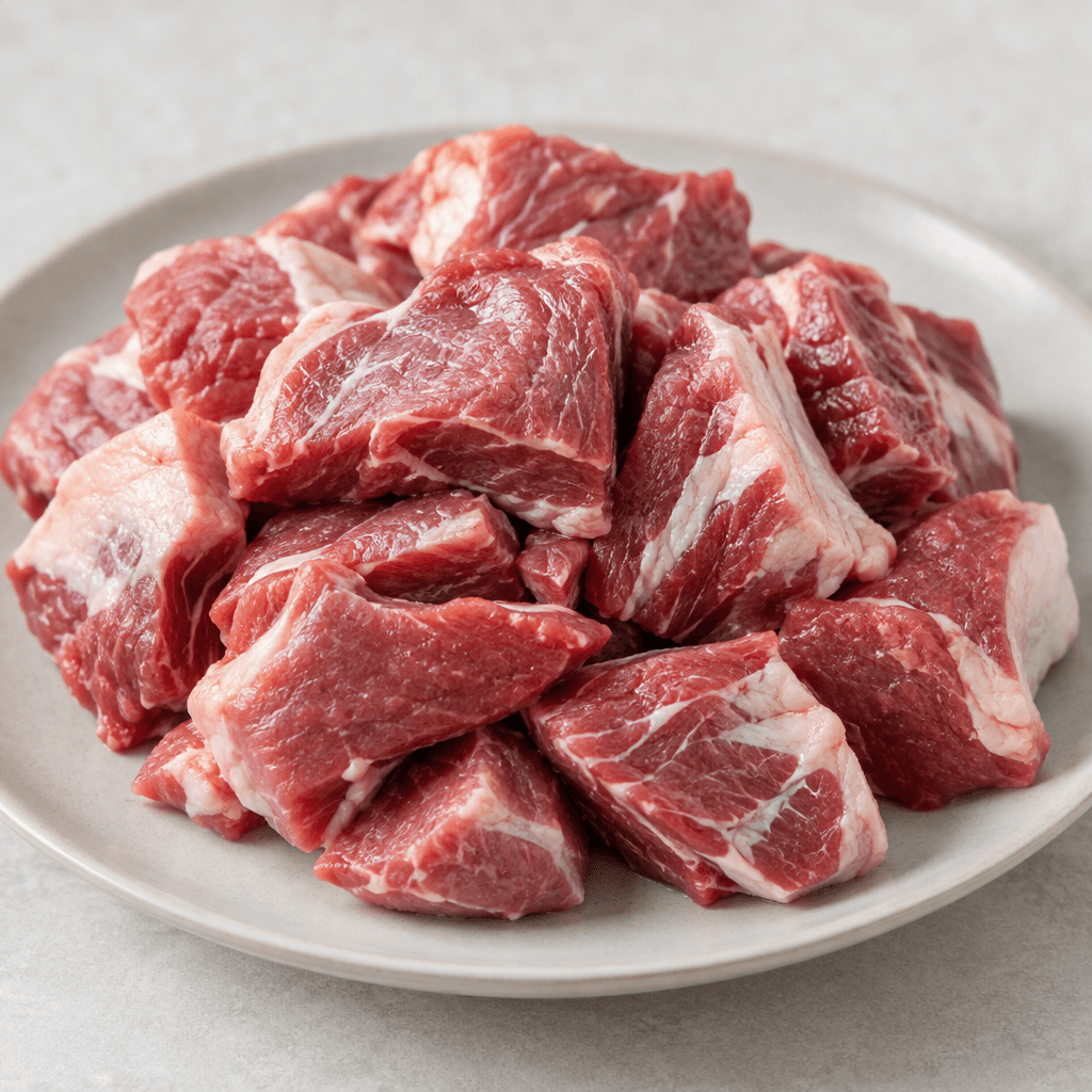 Pinkish-red lamb meat cut into irregular chunks, with visible white streaks of fat and a moist, lightly glossy surface, arranged on a plate.