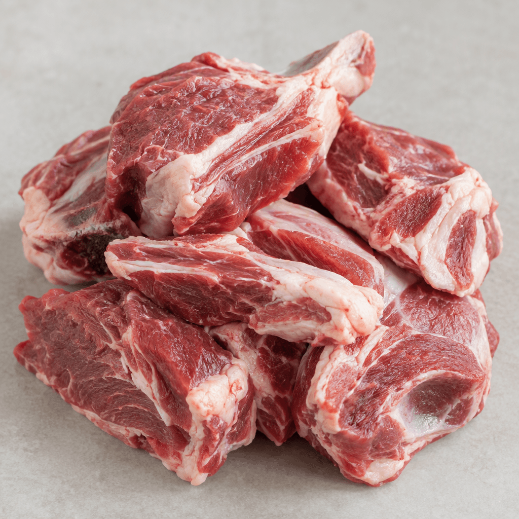 Raw lamb appears as irregular cuts of pink-red meat with visible white fat and fine muscle grain.